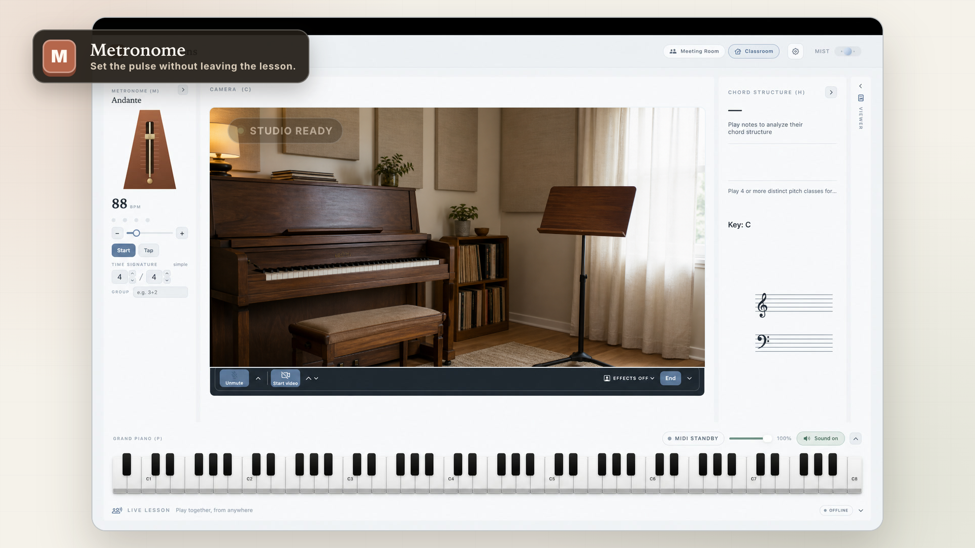 Tacet Lessons classroom with a live lesson room, metronome, piano keyboard, and harmony tools.