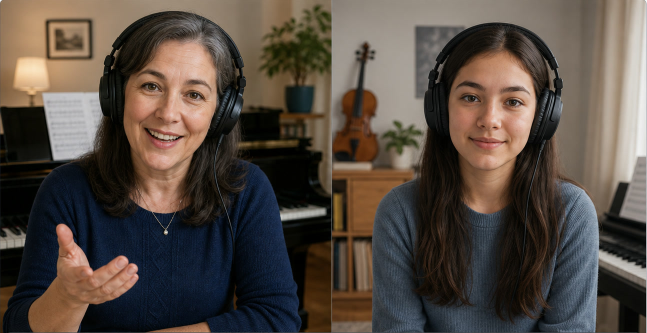 A middle-aged woman teacher and teenage girl student in a sample online music lesson, both wearing headphones.