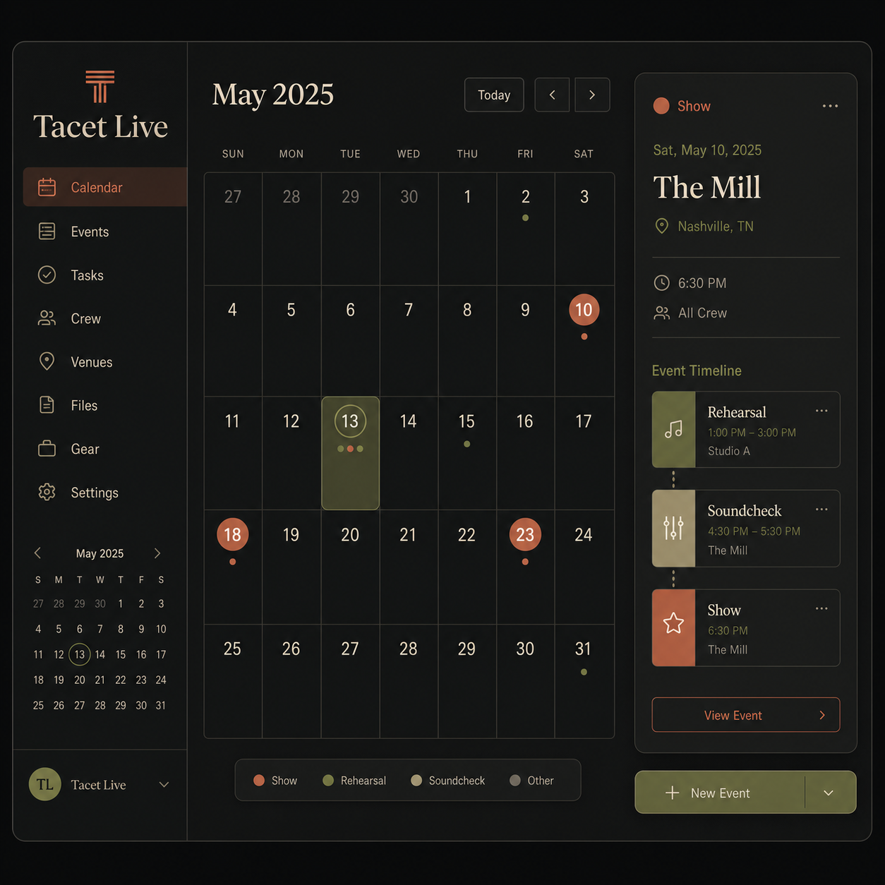 Tacet Live calendar with rehearsal, soundcheck, and show events.