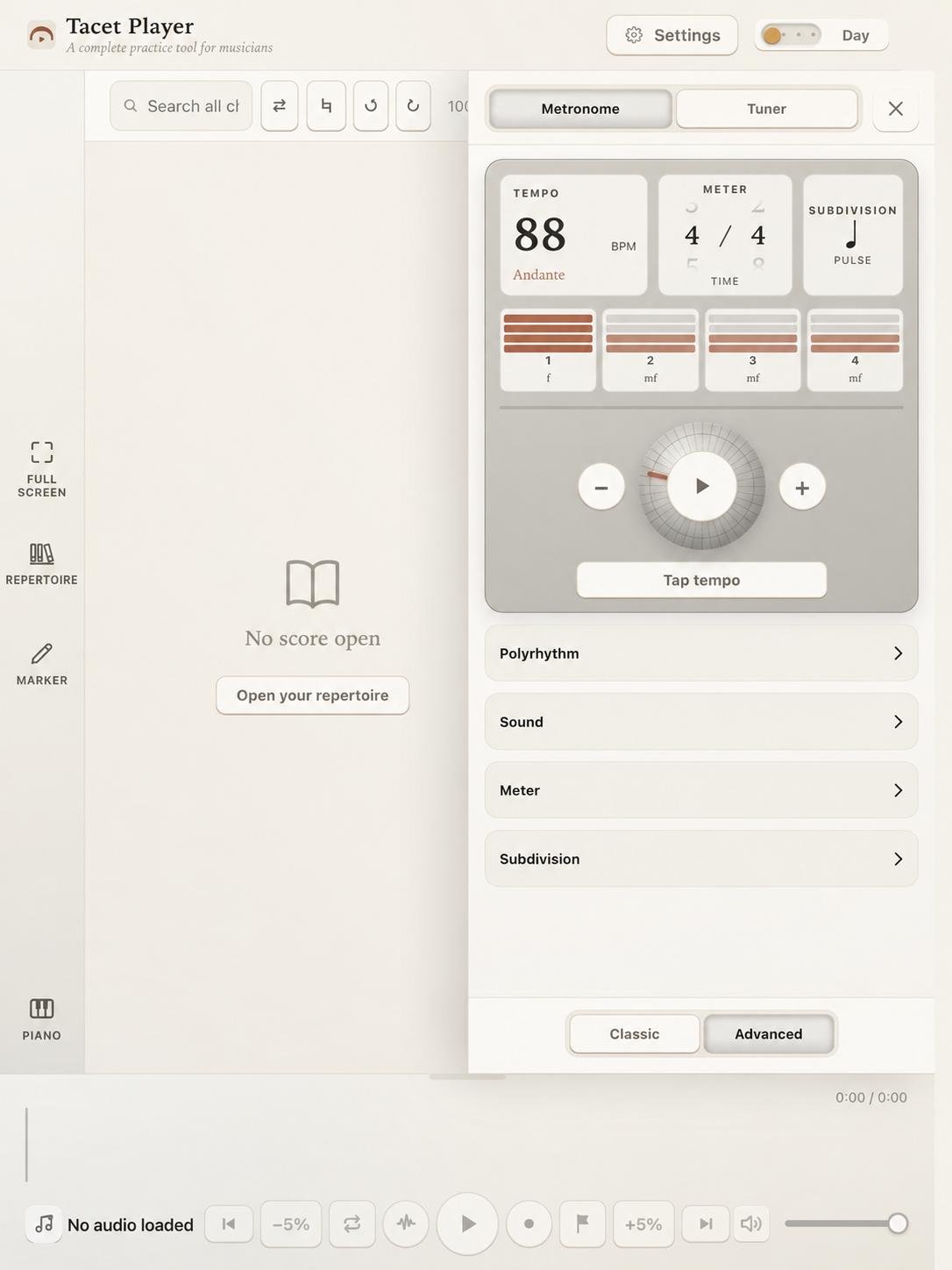 Tacet Player with Advanced Metronome open beside an unloaded score canvas
