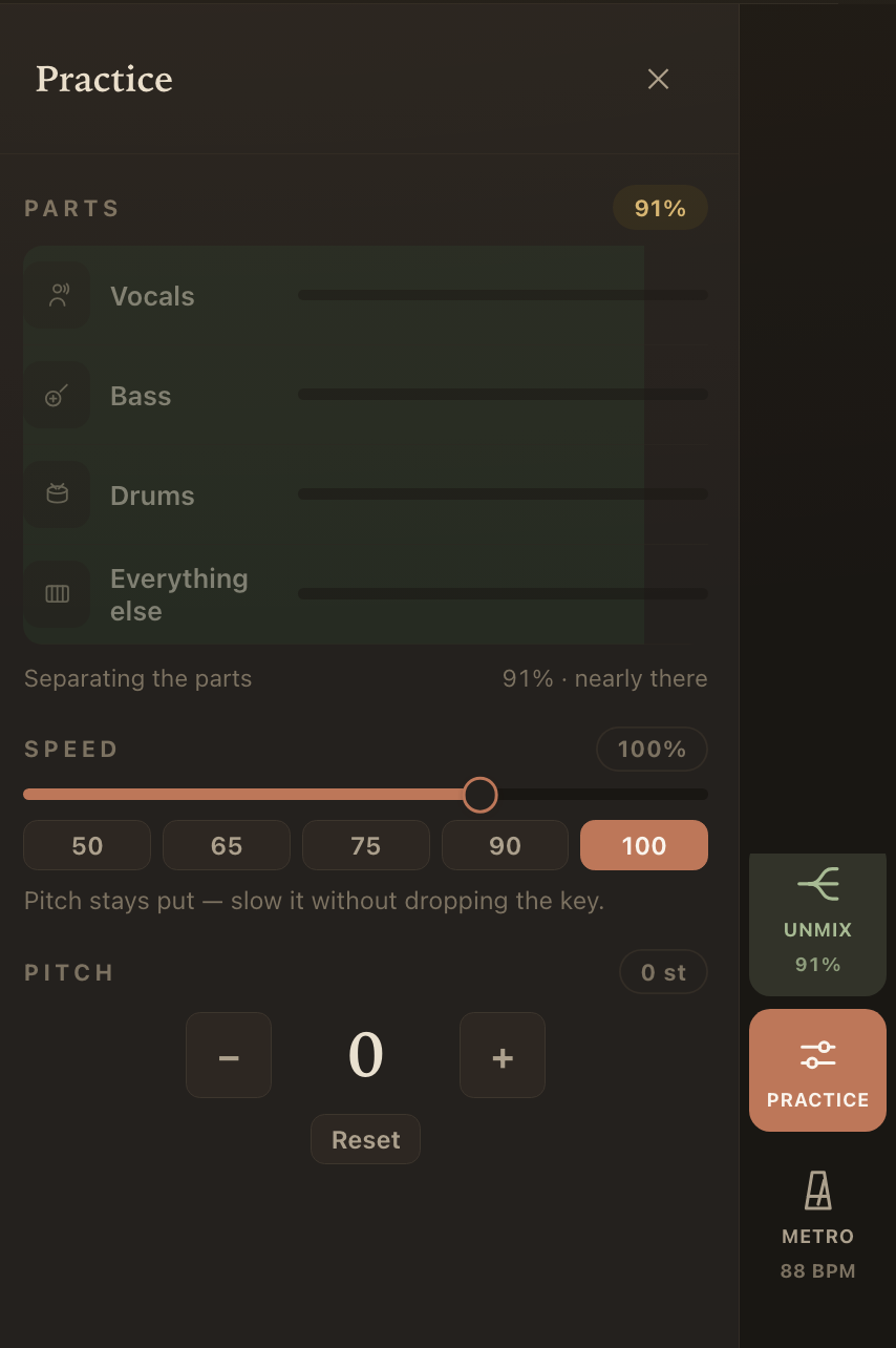 Tacet Player practice controls for separating parts, changing speed, and adjusting pitch.