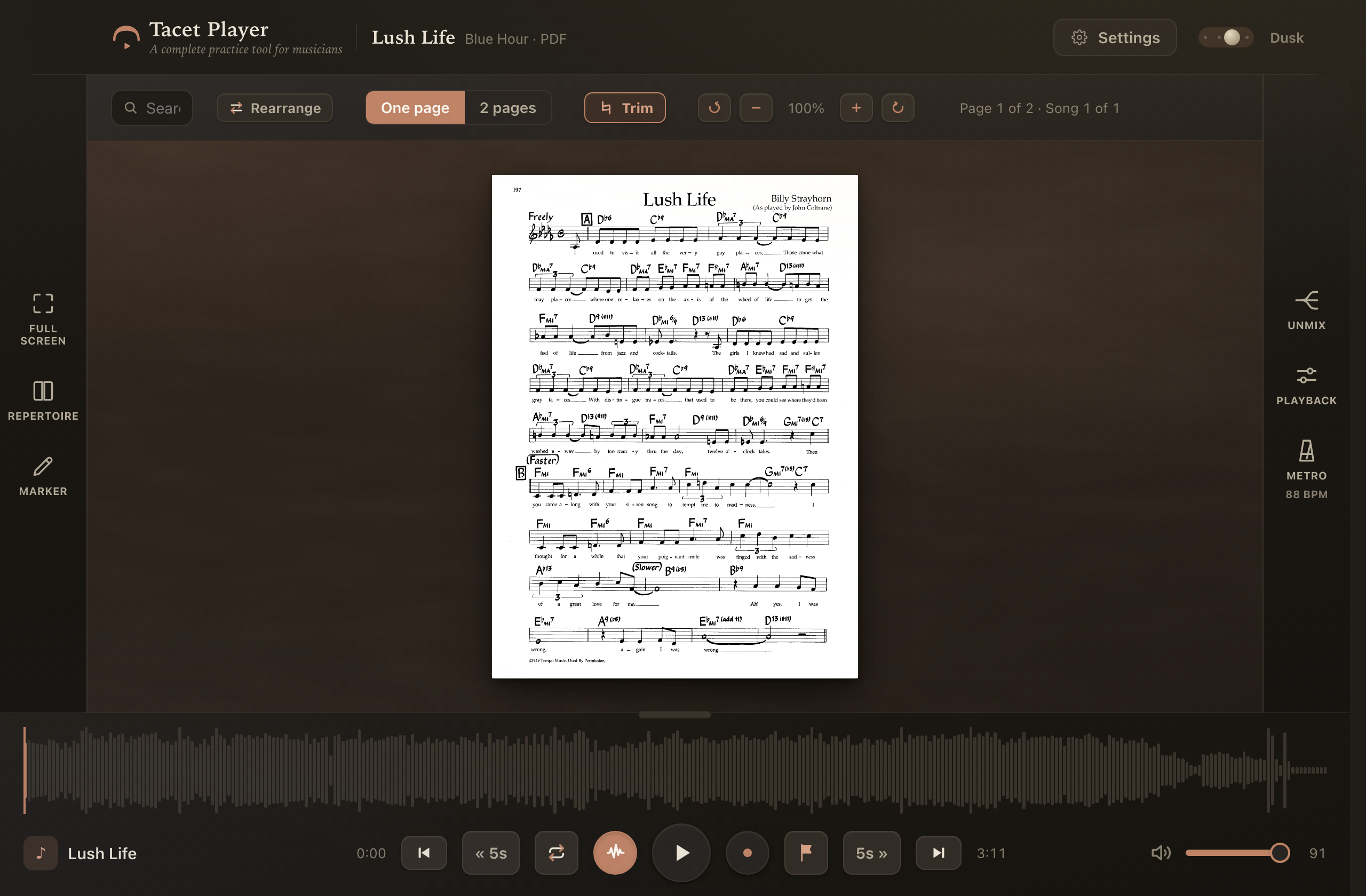 Tacet Player's real score and transport workspace in Dusk mode.