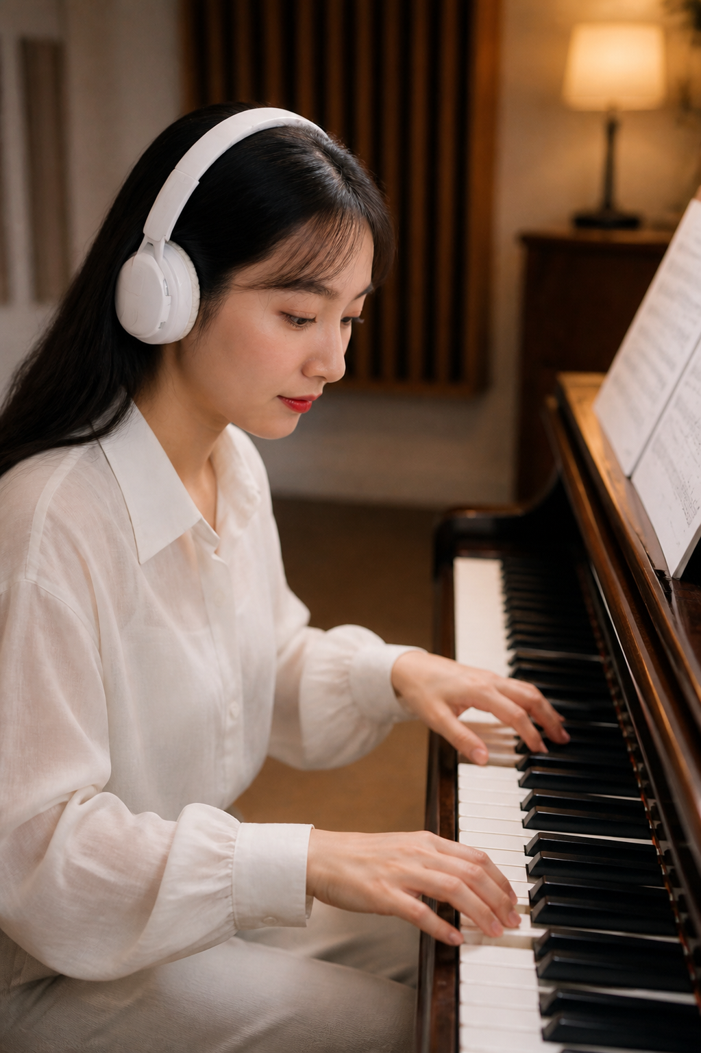 A pianist wearing headphones at an upright piano.