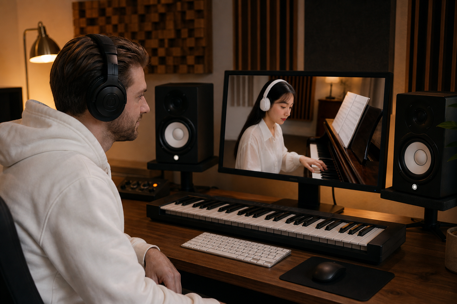 A music teacher at a studio workstation watching a pianist on screen.